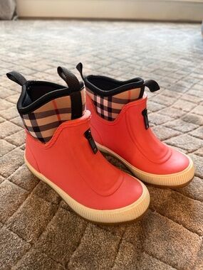 Kids Coral Rain Boots with Plaid Collar